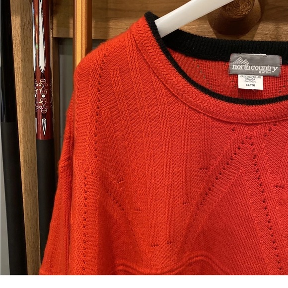 Vintage bright ORANGE 70s Sweater mens XL 3D Acrylic Wool Black RARE geometric - Picture 4 of 16